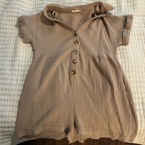 Altar’d State Tan Gauze Button-Up Romper with Pockets